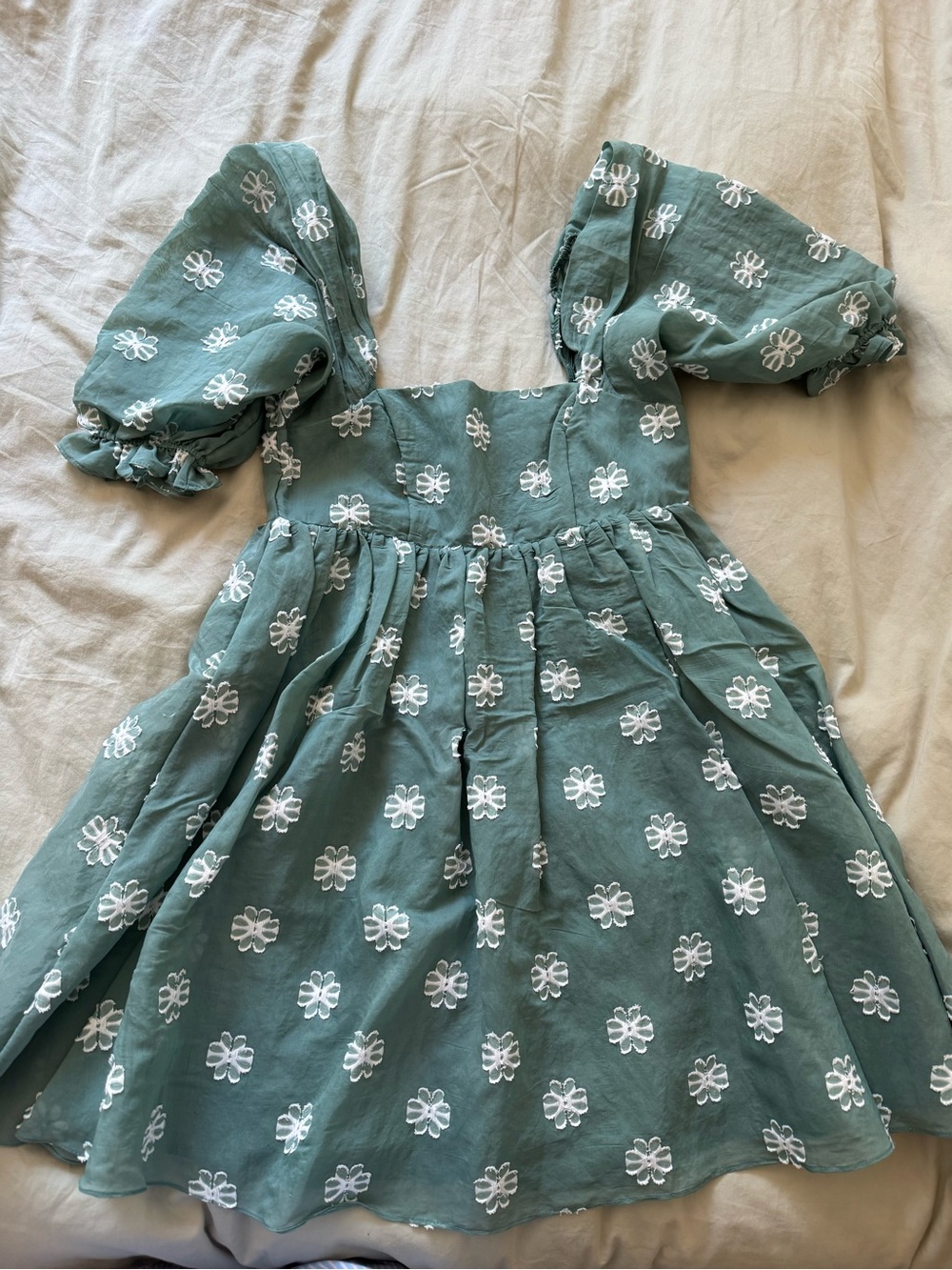 Storia Sage Green Floral Embroidered Puff-Sleeve Dress - Amelia